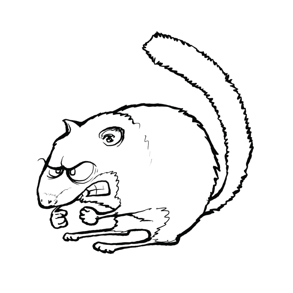 A gray dormouse crouches with bristling fur, bared teeth and balled fists, red-eyed with rage, in black and white.