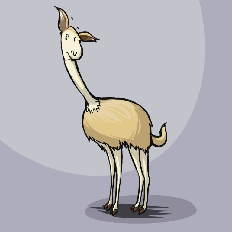A cream vicuna stretches its long neck upward, ears perked and eyes raised toward something overhead.