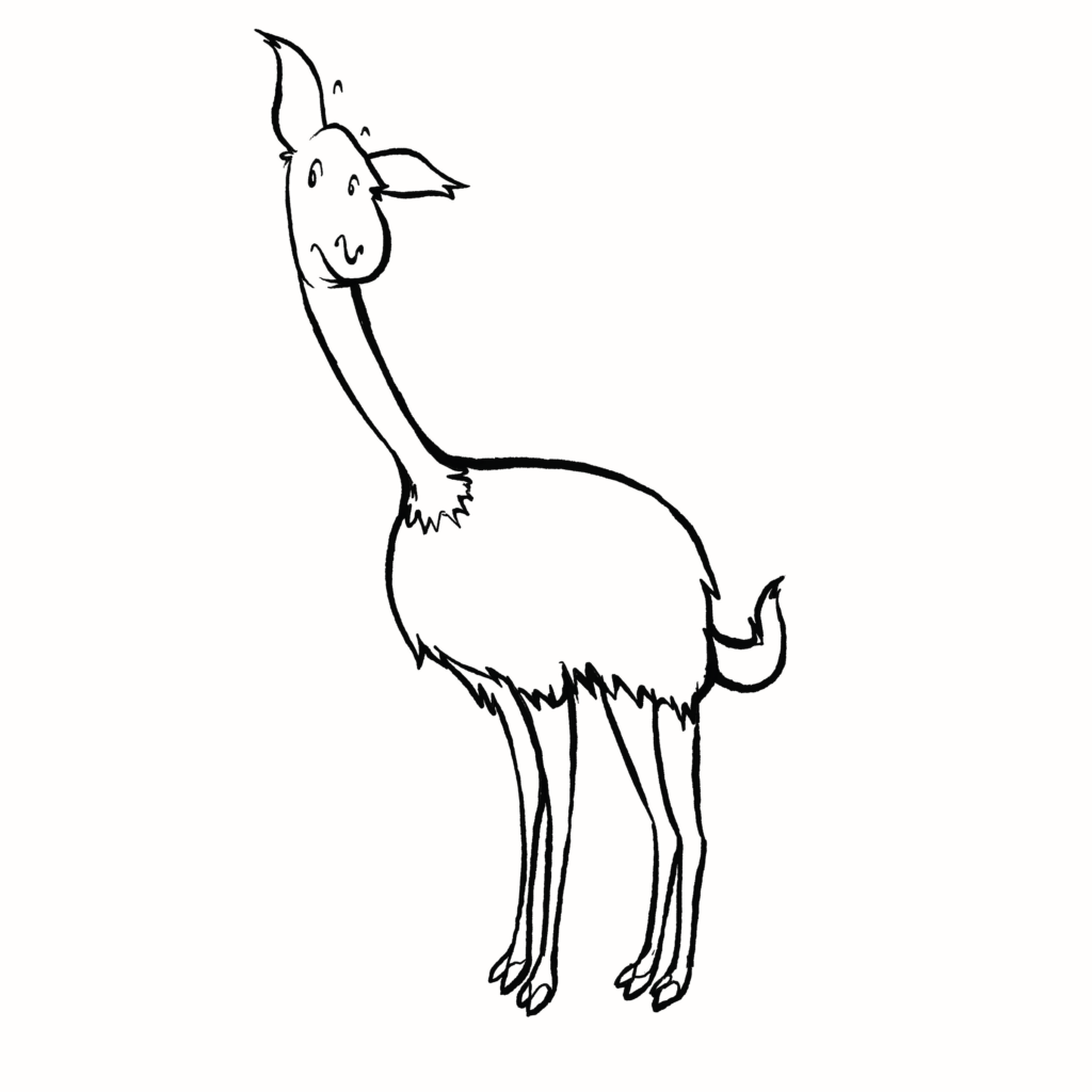 A cream vicuna stretches its long neck upward, ears perked and eyes raised toward something overhead, in black and white.