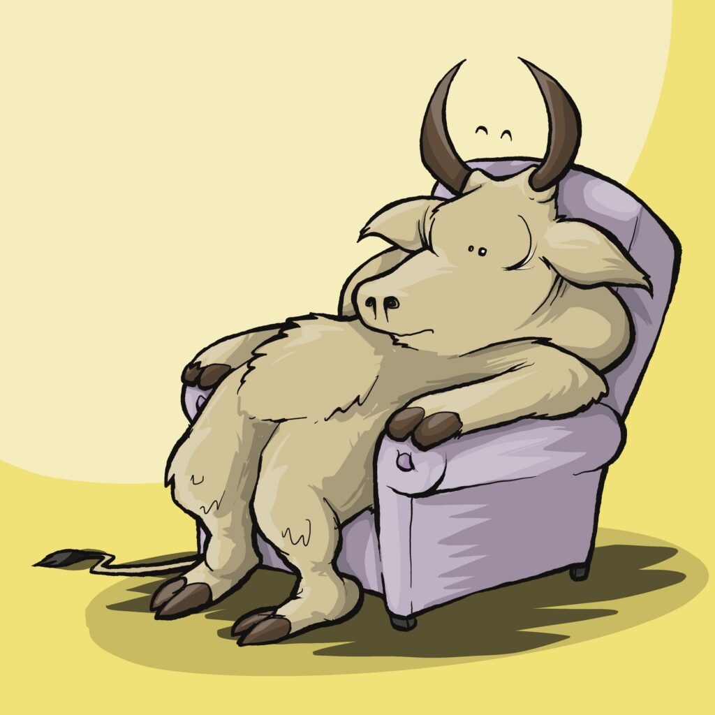A pale zebu with dark horns slumps exhausted in a lilac armchair, eyes closed and arms dangling.