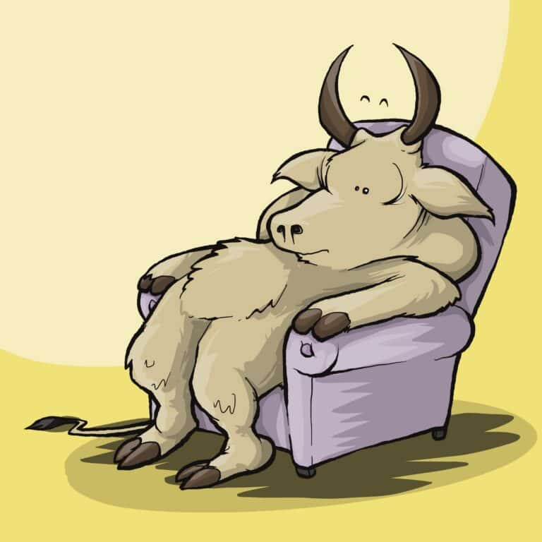 A pale zebu with dark horns slumps exhausted in a lilac armchair, eyes closed and arms dangling.