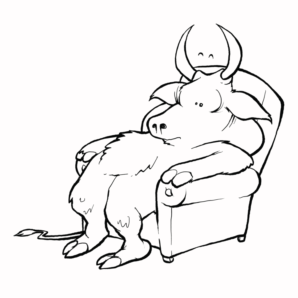 A pale zebu with dark horns slumps exhausted in a lilac armchair, eyes closed and arms dangling, in black and white.