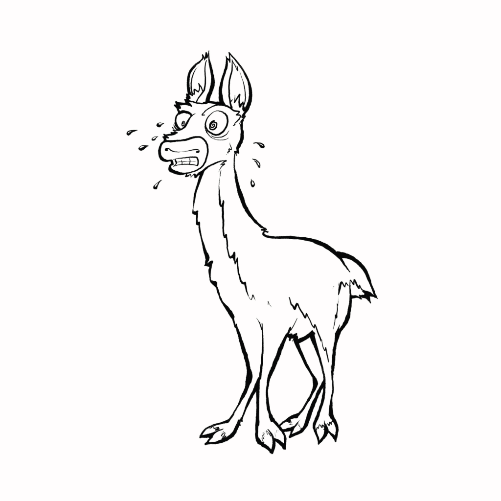 A brown and white guanaco with spiraling eyes and clenched teeth sweats and freezes in alarm, in black and white.