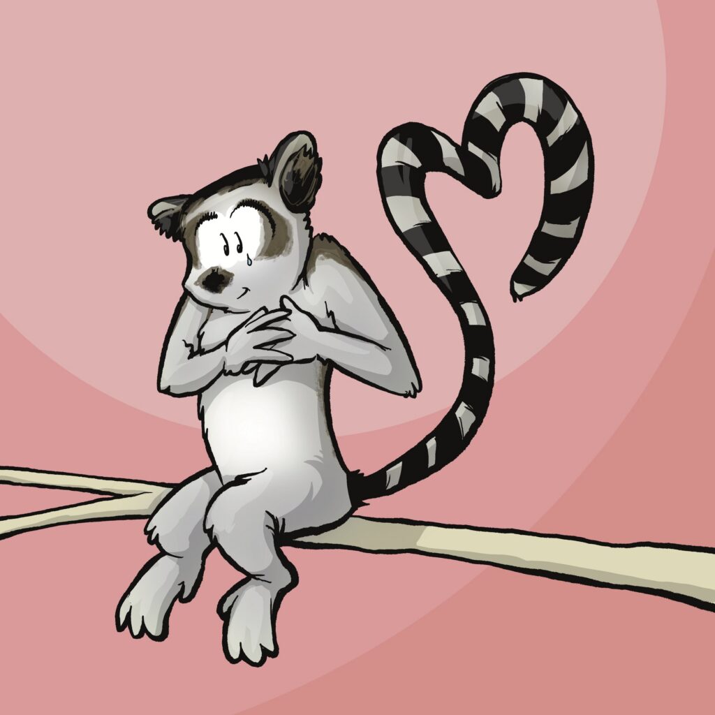 A ring-tailed lemur on a branch clasps its hands to its chest with a teary smile, its striped tail curled into a heart.