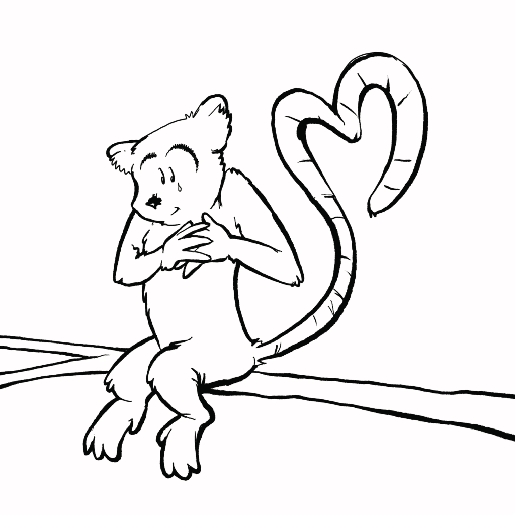 A ring-tailed lemur on a branch clasps its hands to its chest with a teary smile, its striped tail curled into a heart, in black and white.