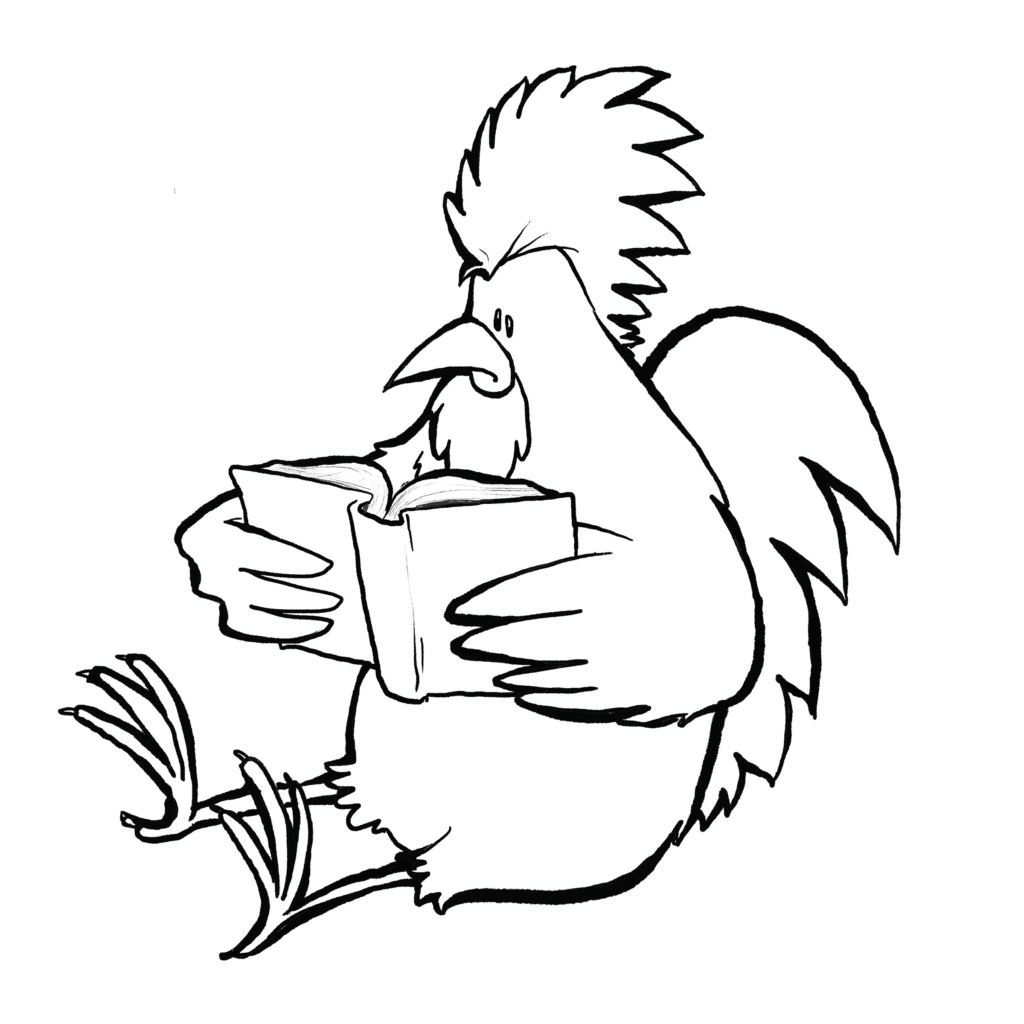 A red and orange rooster sits on the ground, completely absorbed in a copy of Cosmos by Carl Sagan, in black and white.