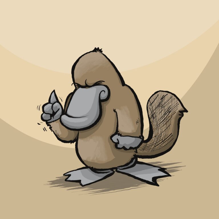 A brown platypus scowls under heavy brows and shakes a scolding finger, its other hand on its hip.