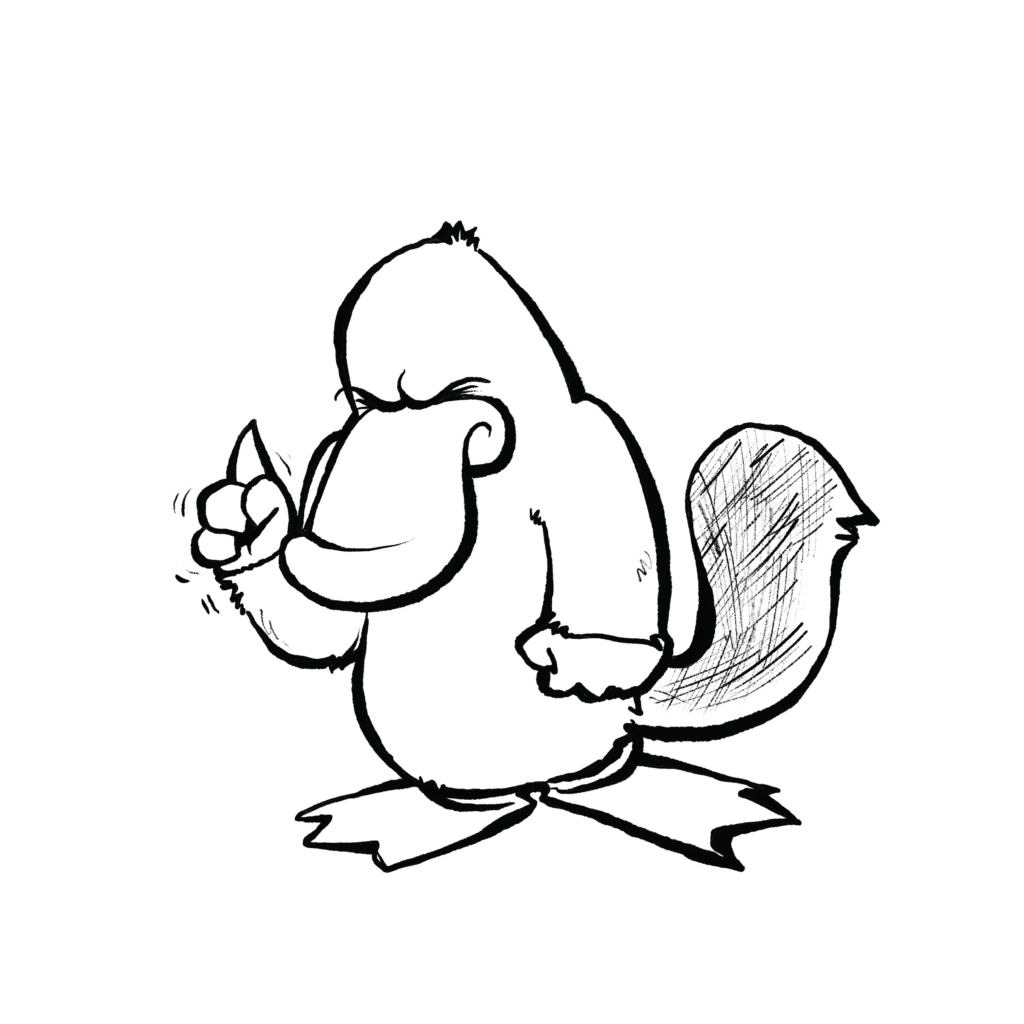 A brown platypus scowls under heavy brows and shakes a scolding finger, its other hand on its hip, in black and white.