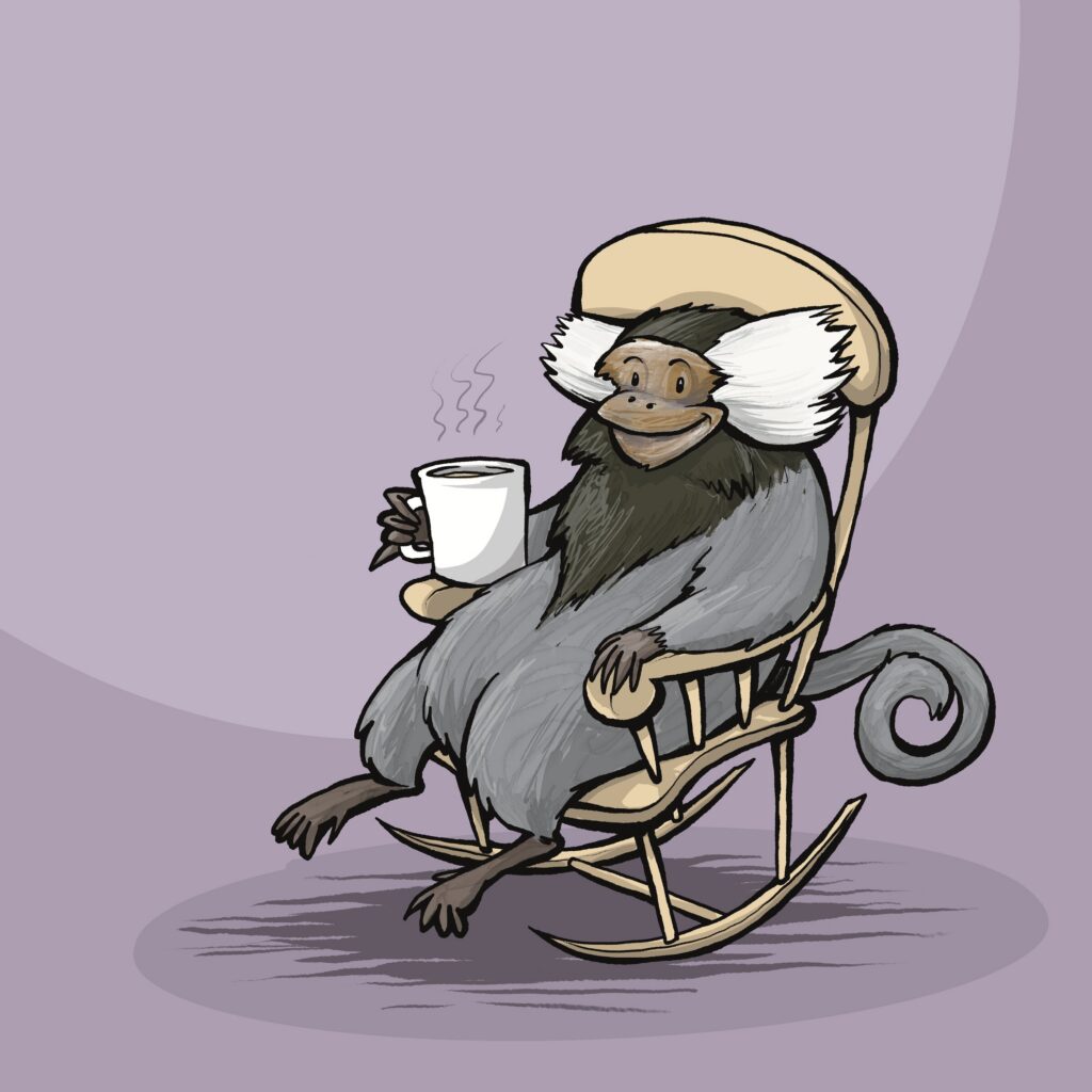 A gray marmoset with white ear tufts smiles contentedly in a rocking chair, holding a steaming mug.