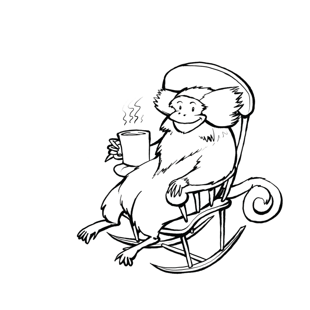 A gray marmoset with white ear tufts smiles contentedly in a rocking chair, holding a steaming mug, in black and white.