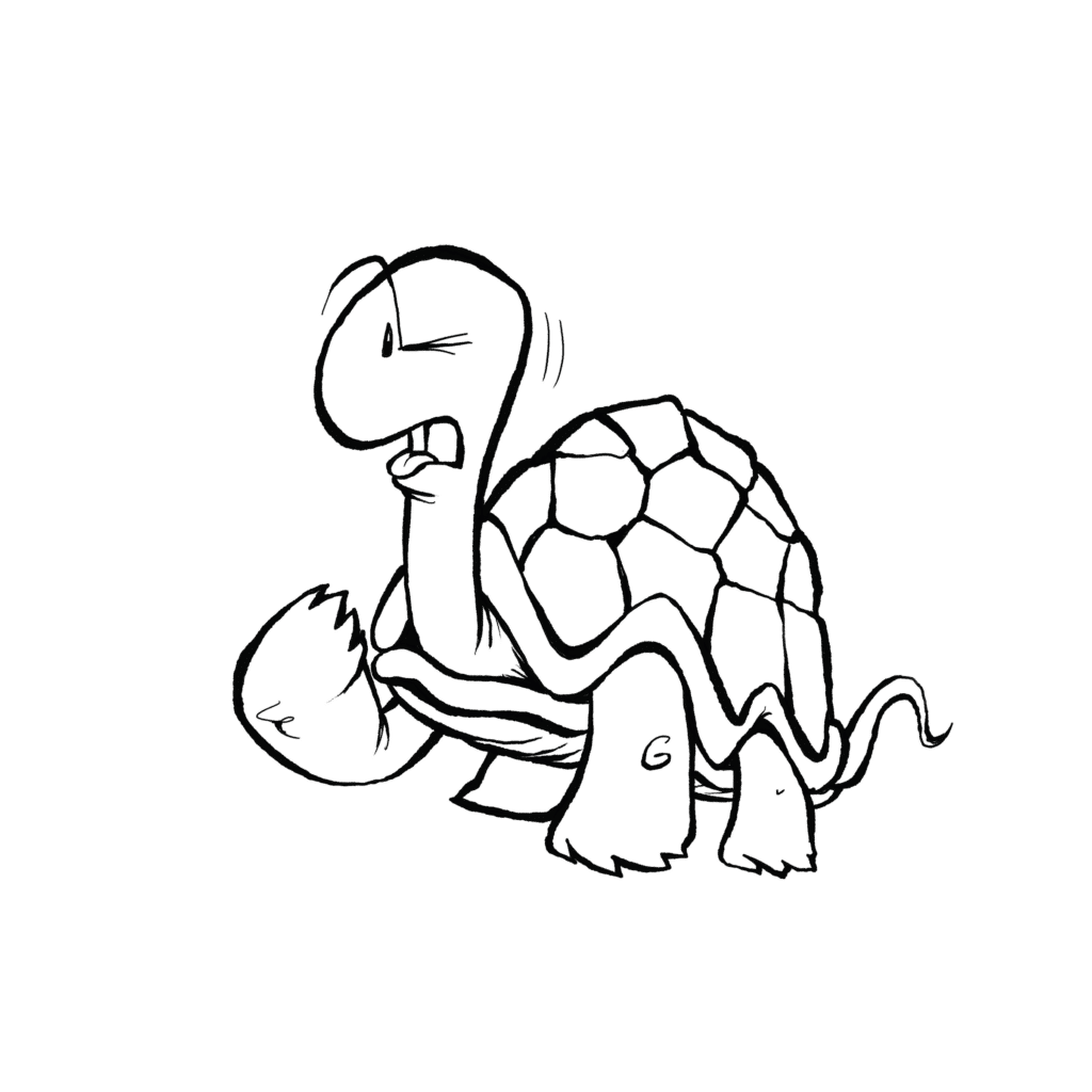 A sea-green turtle recoils with one eye squeezed shut and tongue out in disgust, holding up a foot, in black and white.