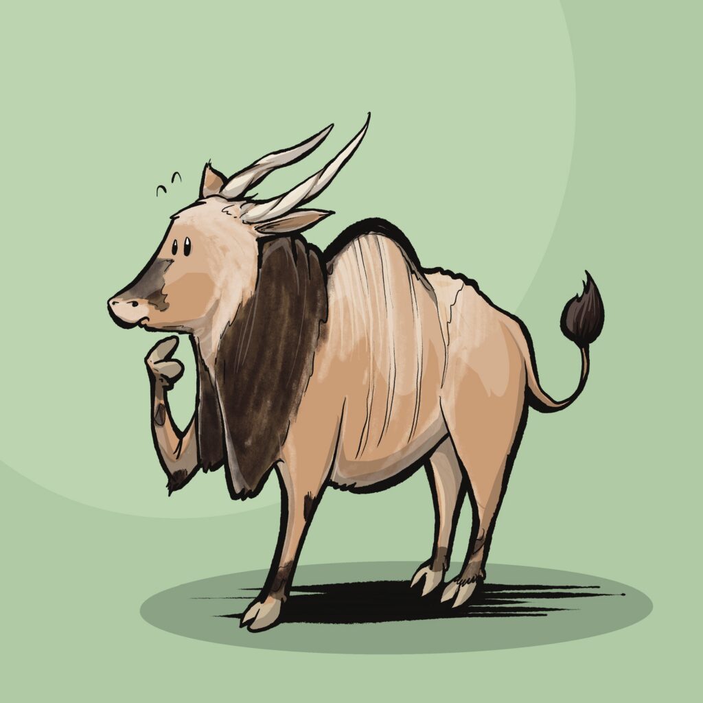 A tan eland with a dark dewlap and twisted horns taps its chin, ears perked with curiosity.