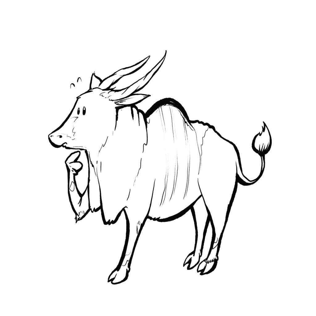 A tan eland with a dark dewlap and twisted horns taps its chin, ears perked with curiosity, in black and white.