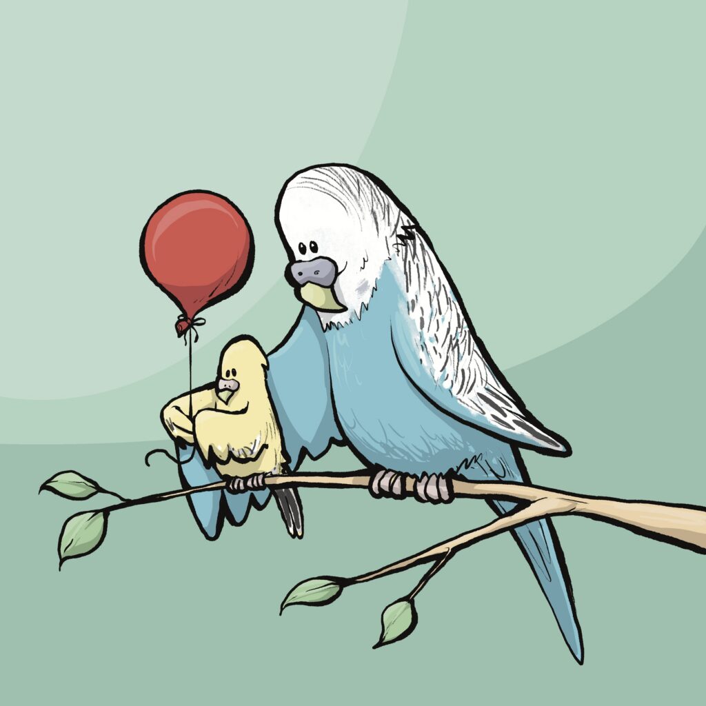 A pale blue parakeet on a leafy branch wraps a wing around a small yellow chick holding a red balloon.