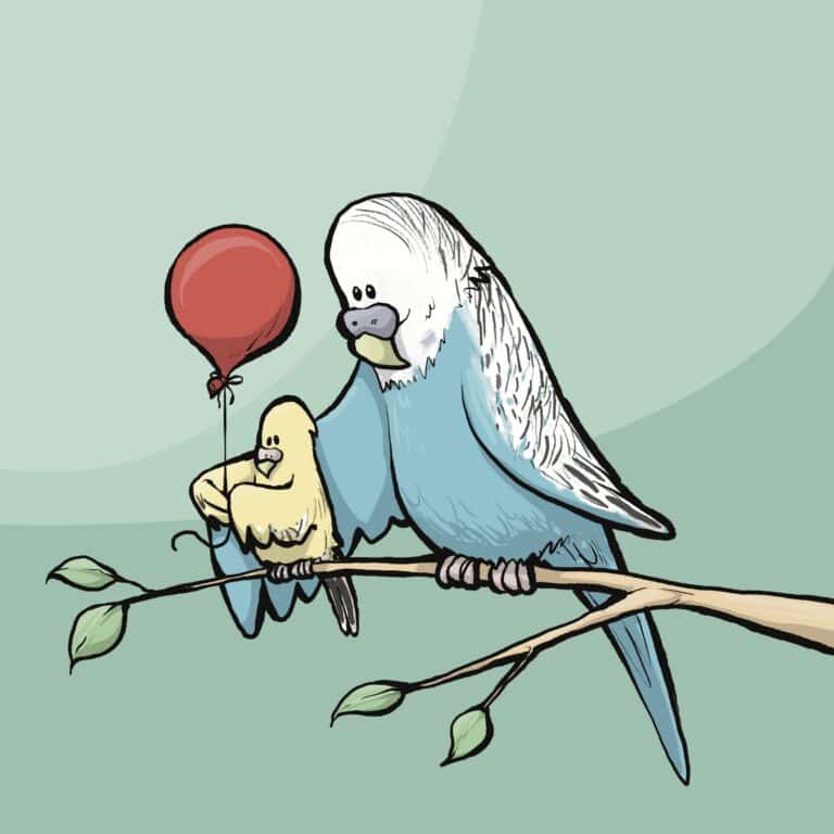 A pale blue parakeet on a leafy branch wraps a wing around a small yellow chick holding a red balloon.