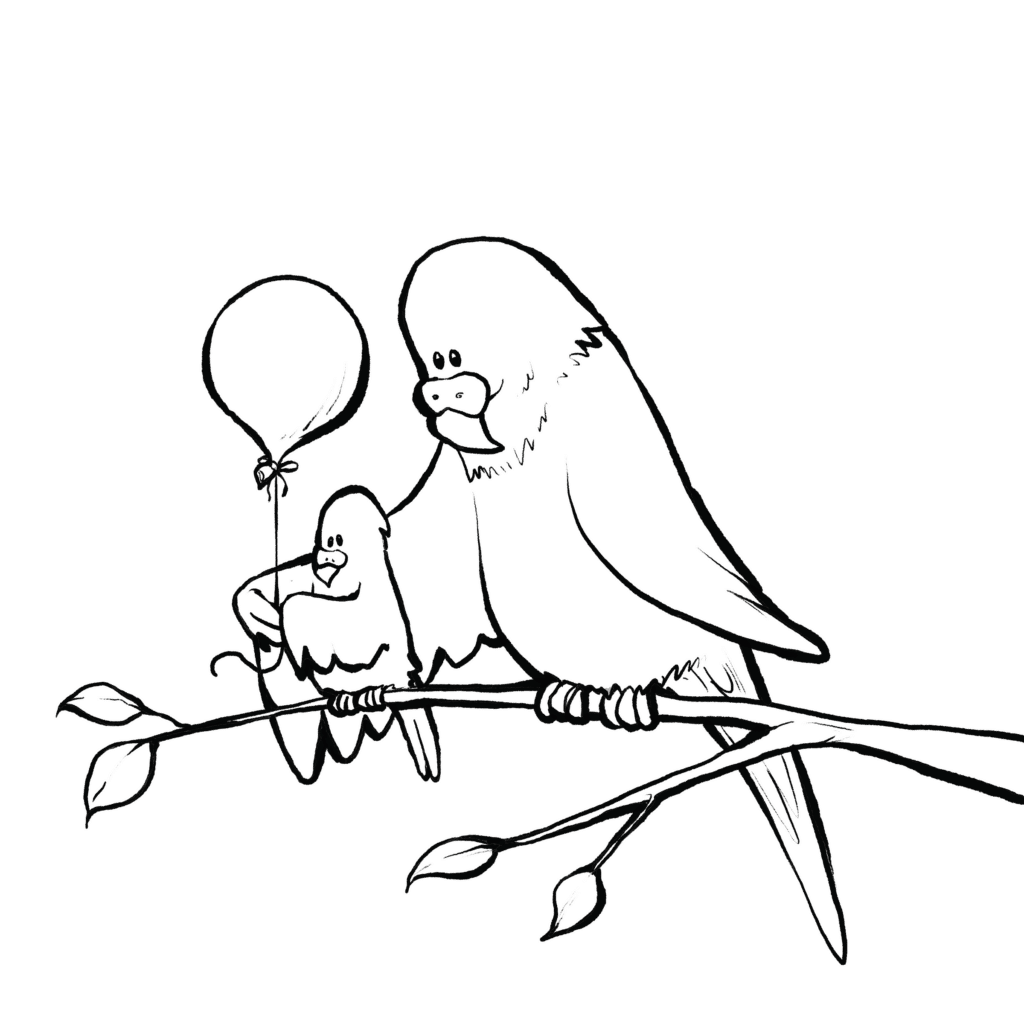 A pale blue parakeet on a leafy branch wraps a wing around a small yellow chick holding a red balloon, in black and white.