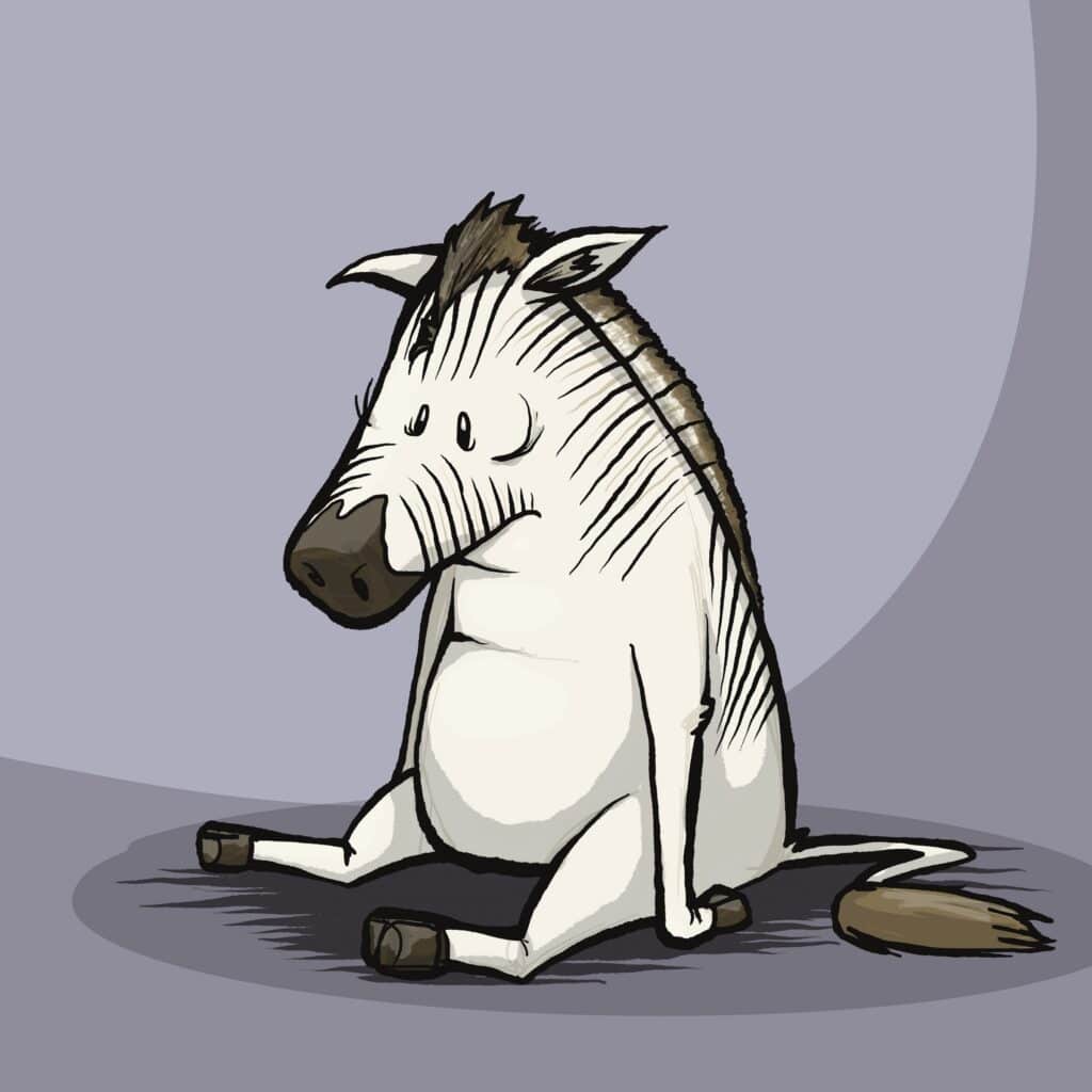 A pale striped quagga sits limply on the floor with legs splayed and a vacant, defeated gaze.