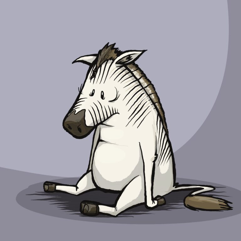 A pale striped quagga sits limply on the floor with legs splayed and a vacant, defeated gaze.