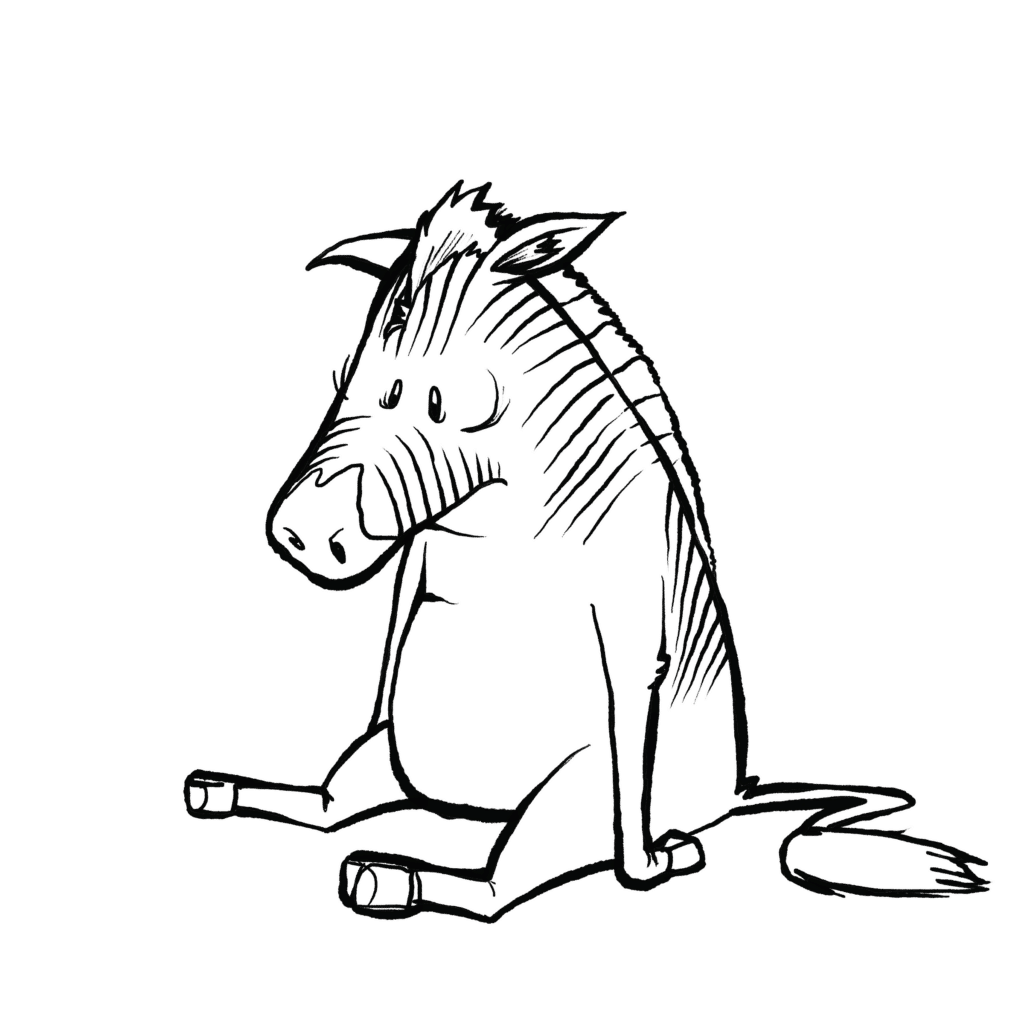 A pale striped quagga sits limply on the floor with legs splayed and a vacant, defeated gaze, in black and white.