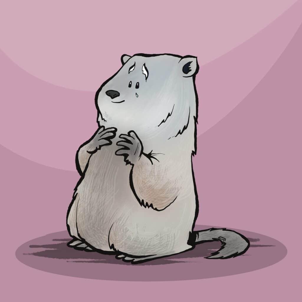 A gray ground hog stands with paws clasped at its chest and a single happy tear rolling down its cheek.