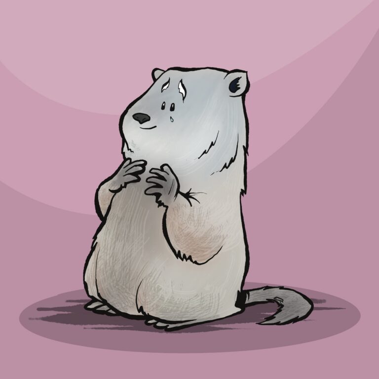 A gray ground hog stands with paws clasped at its chest and a single happy tear rolling down its cheek.