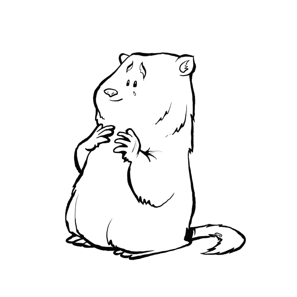 A gray ground hog stands with paws clasped at its chest and a single happy tear rolling down its cheek, in black and white.