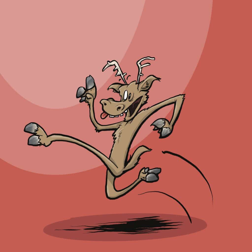 A goofy brown reindeer with small antlers leaps through the air, cross-eyed with its tongue out.
