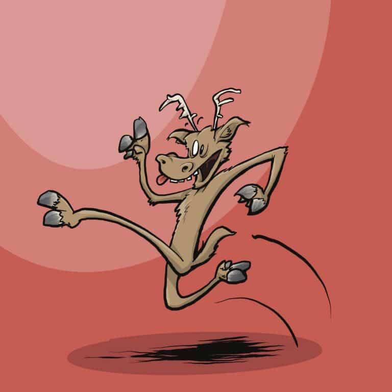 A goofy brown reindeer with small antlers leaps through the air, cross-eyed with its tongue out.