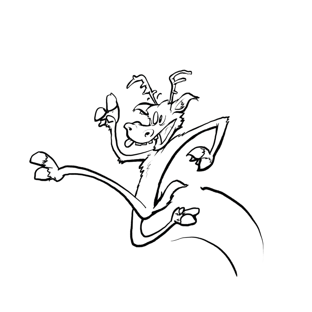 A goofy brown reindeer with small antlers leaps through the air, cross-eyed with its tongue out, in black and white.