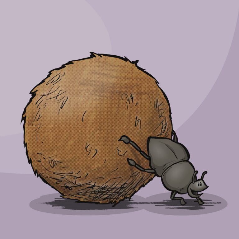 A smiling black dung beetle happily pushes a huge brown ball of dung, much bigger than itself.