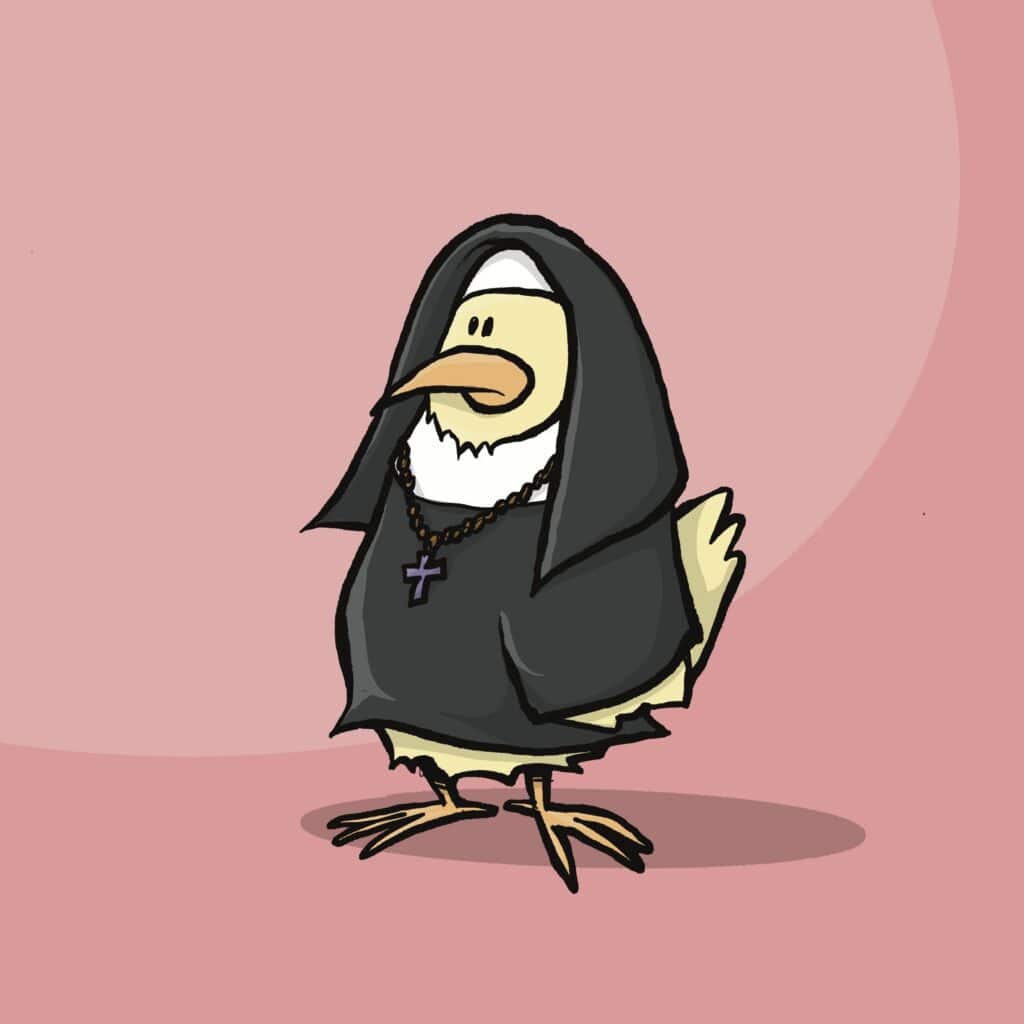 A pale yellow chicken dressed in a black nun's habit with a rosary and cross stands demurely.