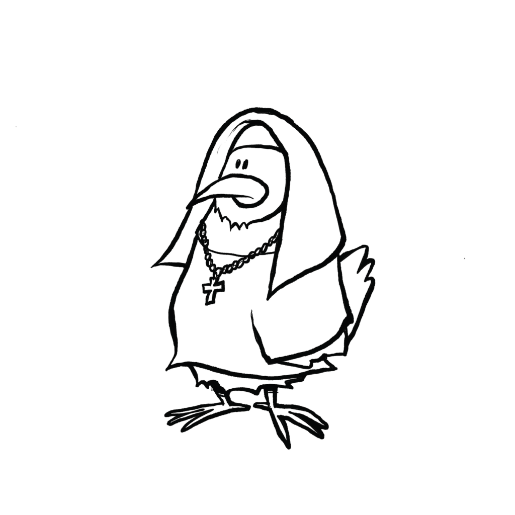 A pale yellow chicken dressed in a black nun's habit with a rosary and cross stands demurely, in black and white.