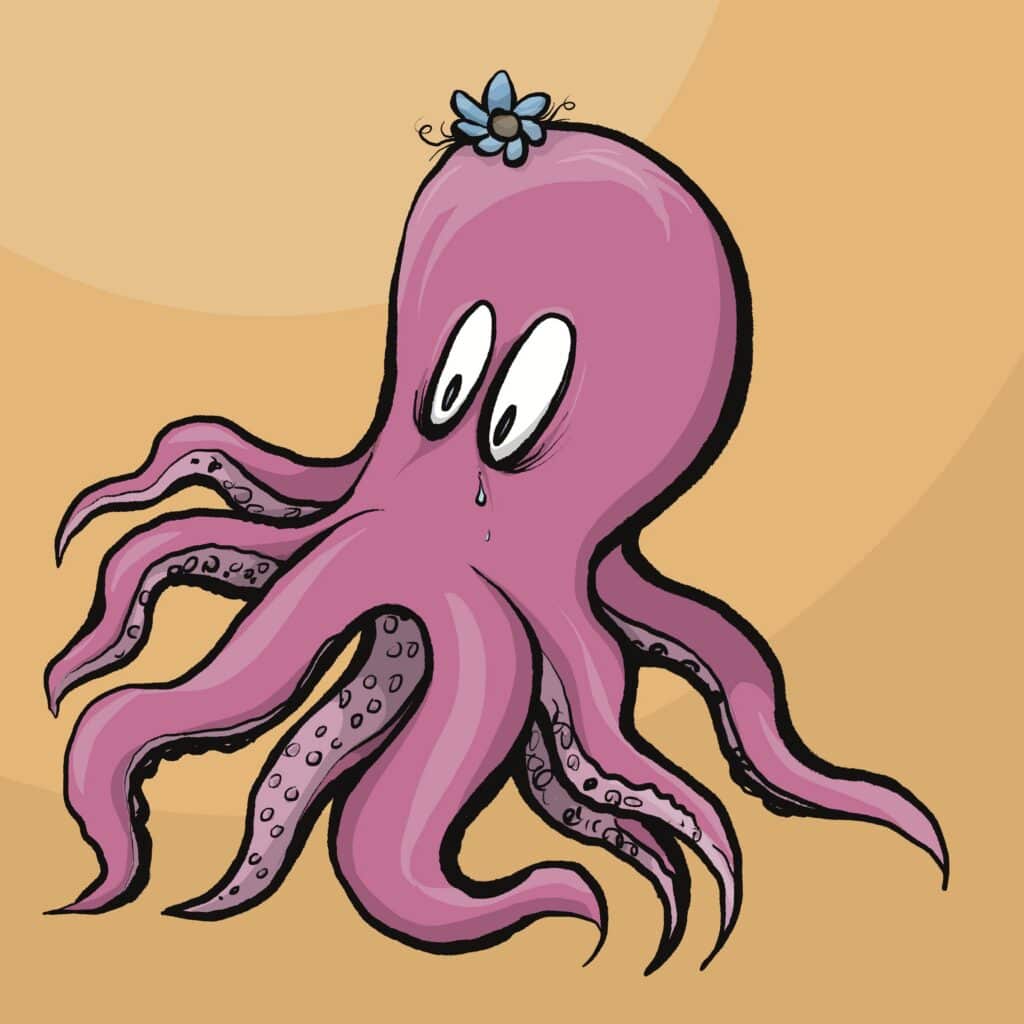 A pink octopus with a blue flower on its head gazes ahead, a single tear on its cheek, its tentacles spread.