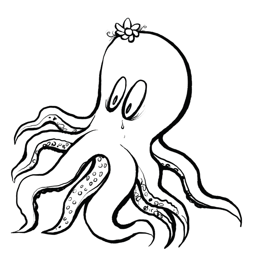 A pink octopus with a blue flower on its head gazes ahead, a single tear on its cheek, its tentacles spread, in black and white.