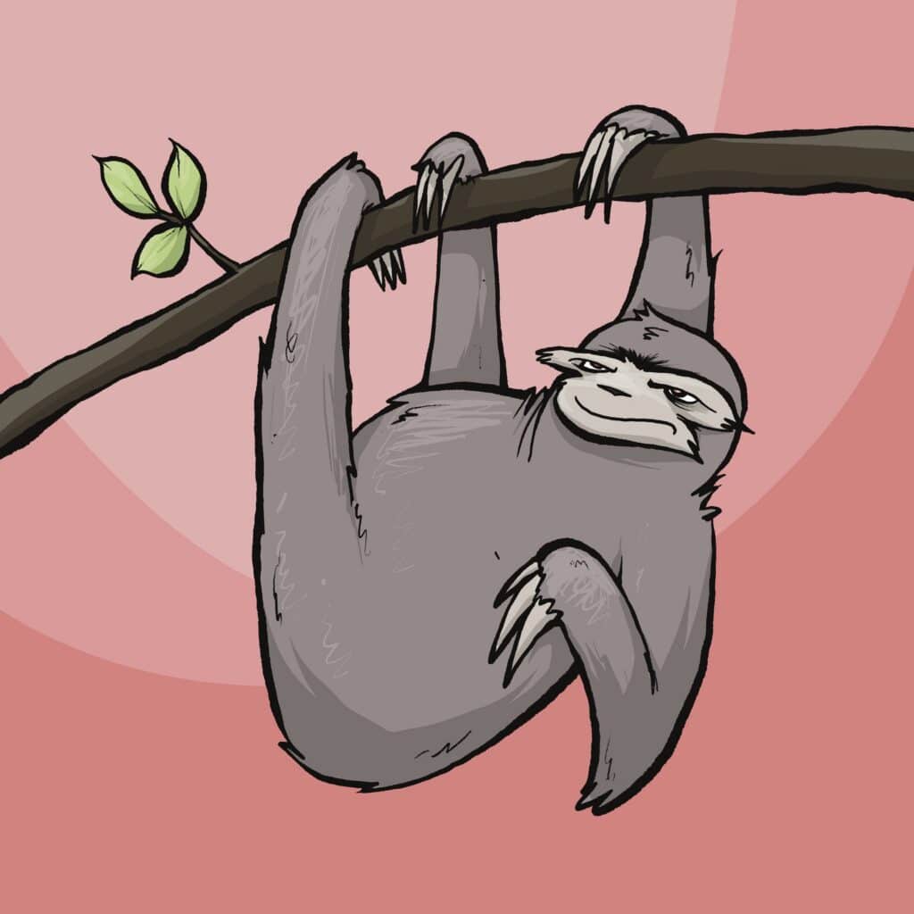 A gray sloth hangs from a branch by its claws, glaring sideways with a narrow-eyed, sour smirk.