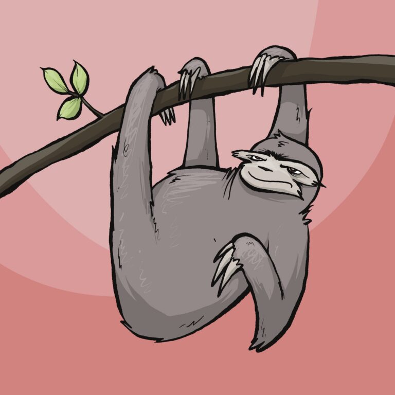 A gray sloth hangs from a branch by its claws, glaring sideways with a narrow-eyed, sour smirk.