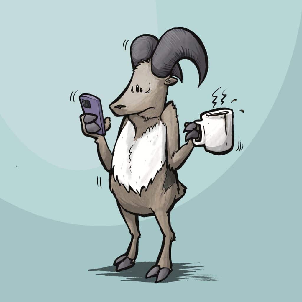 A bighorned argali jitters on its hooves, eyes on its phone, a sloshing coffee mug in the other hand.