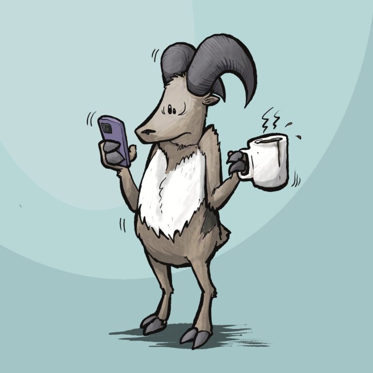 A bighorned argali jitters on its hooves, eyes on its phone, a sloshing coffee mug in the other hand.