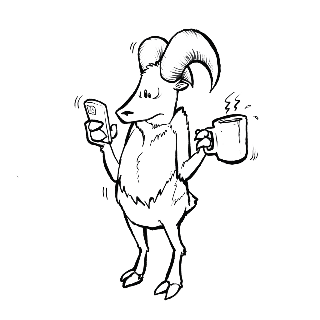 A bighorned argali jitters on its hooves, eyes on its phone, a sloshing coffee mug in the other hand, in black and white.