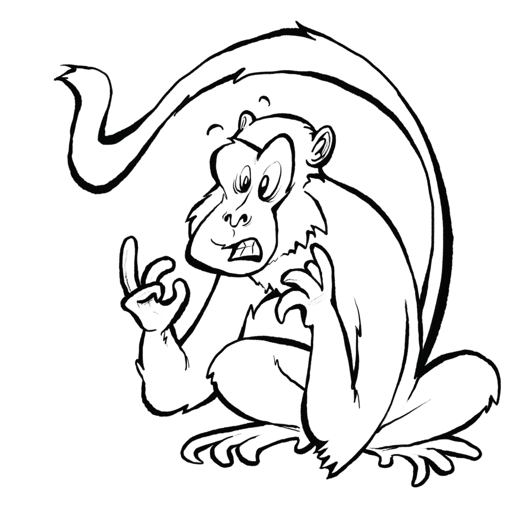A gray monkey with a pink face crouches wide-eyed and grimacing, fingers curled and long tail arched overhead, in black and white.