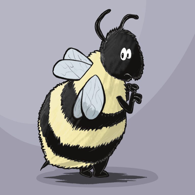 A round, fuzzy bumble bee glances back with wide eyes, fingers to its mouth, turning bashfully away.
