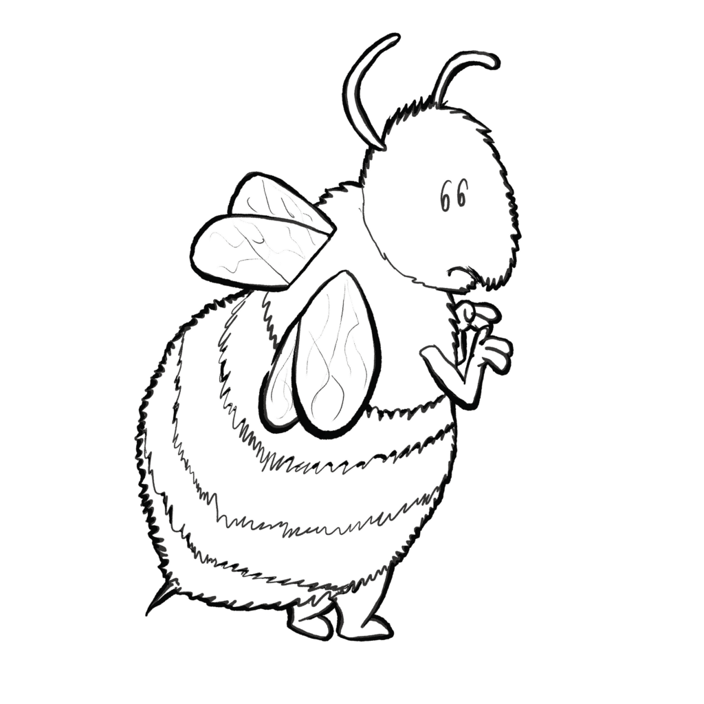 A round, fuzzy bumble bee glances back with wide eyes, fingers to its mouth, turning bashfully away, in black and white.
