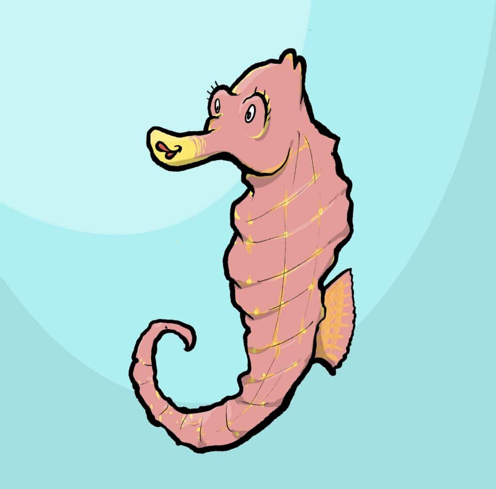 A pink Pacific seahorse with a yellow snout and fluttering lashes curls its tail and looks ahead eagerly.