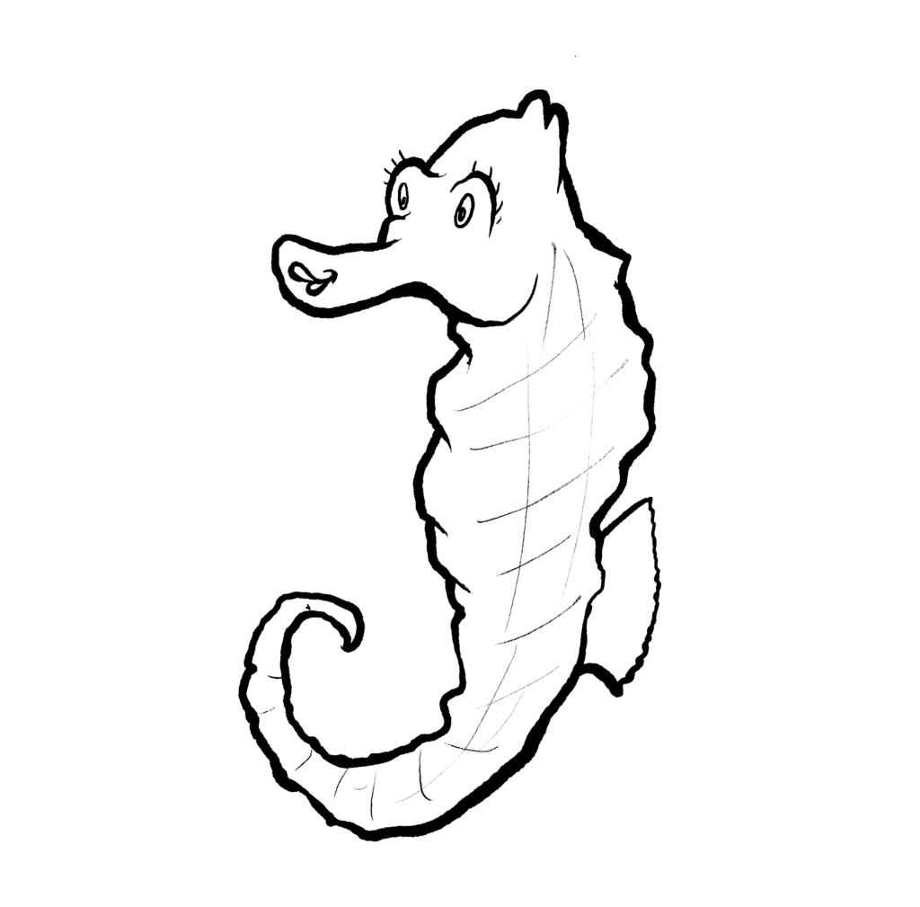 A pink Pacific seahorse with a yellow snout and fluttering lashes curls its tail and looks ahead eagerly, in black and white.