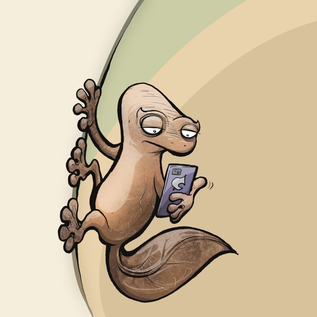 A brown leaf-tailed gecko clings to a wall, staring at its phone with heavy-lidded, bored eyes.