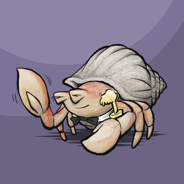A hermit crab in a bow tie, a small gold trophy beside it, shyly waves one claw with its eyes closed.