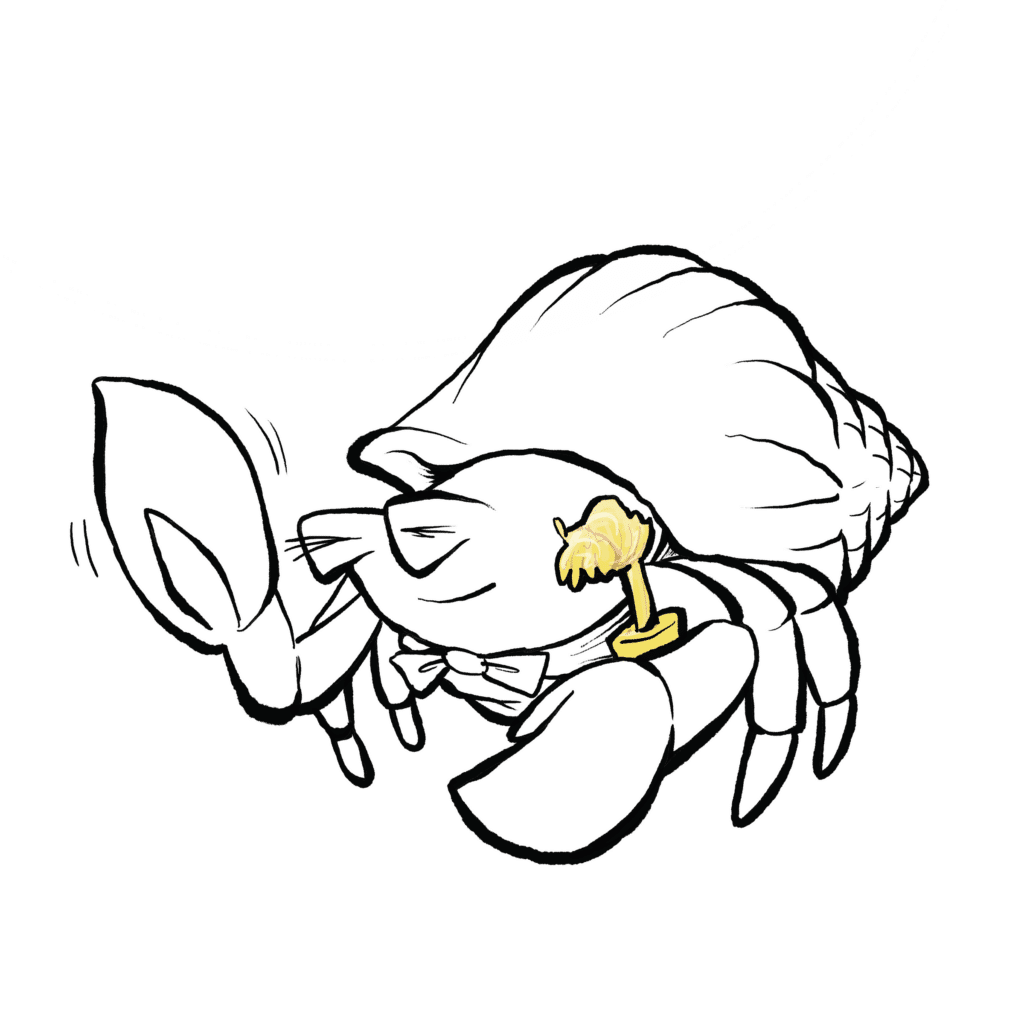 A hermit crab in a bow tie, a small gold trophy beside it, shyly waves one claw with its eyes closed, in black and white.