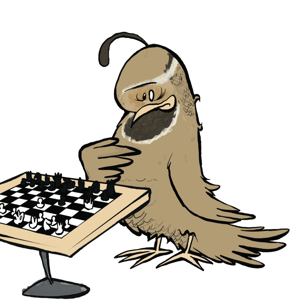 A brown quail with a curled head plume hunches over a chessboard, hand to its chin with a pained, embarrassed wince, in black and white.
