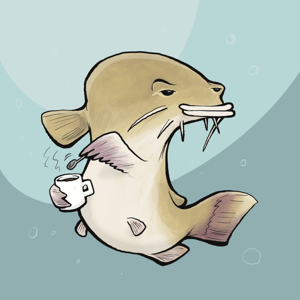 A tan catfish with long whiskers and a smug half-lidded look stirs a steaming cup of coffee.