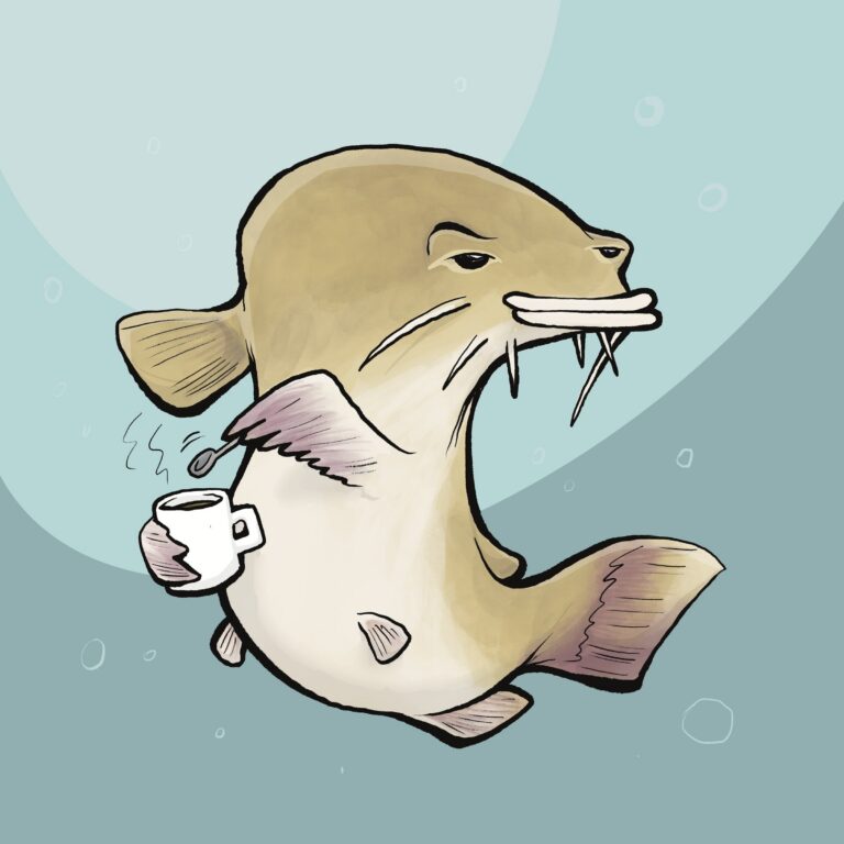 A tan catfish with long whiskers and a smug half-lidded look stirs a steaming cup of coffee.